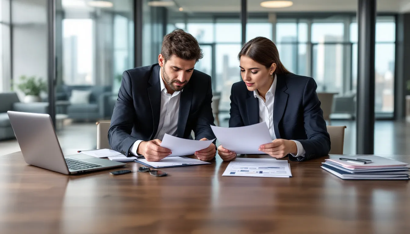Twee mensen zitten aan een tafel en bekijken samen documenten, mogelijk gerelateerd aan hun samenlevingscontract of afspraken over gemeenschappelijke bezittingen. Ze lijken in gesprek over belangrijke zaken zoals de verdeling van vermogen en de gevolgen van een eventuele scheiding.
