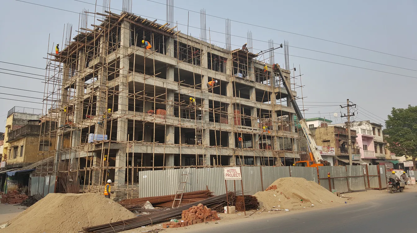 The image shows a hotel building under construction in India, featuring scaffolding and several workers actively engaged in the construction process. This scene reflects the ongoing development within the Indian hospitality industry, indicative of a new hotel project aimed at enhancing local tourism and services.