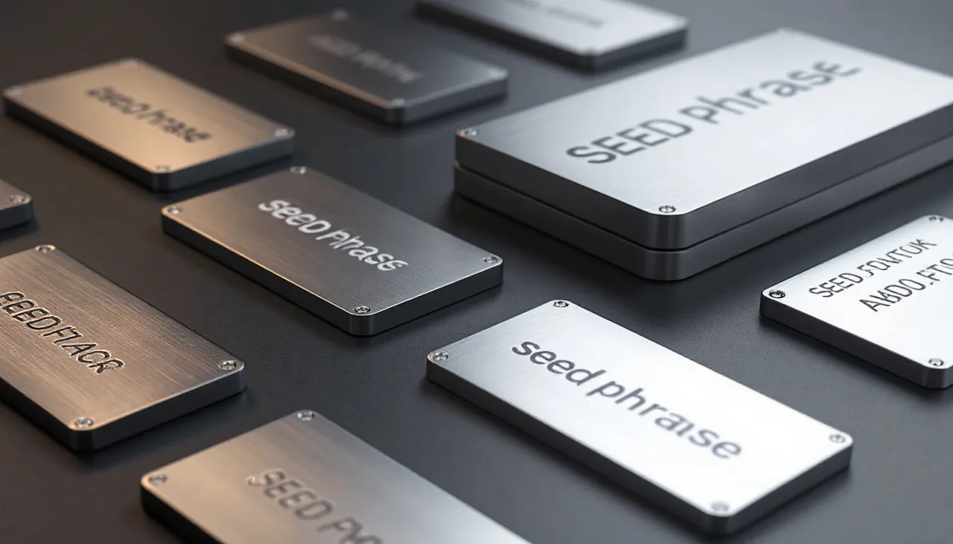 A selection of metal seed phrase storage options displayed together.