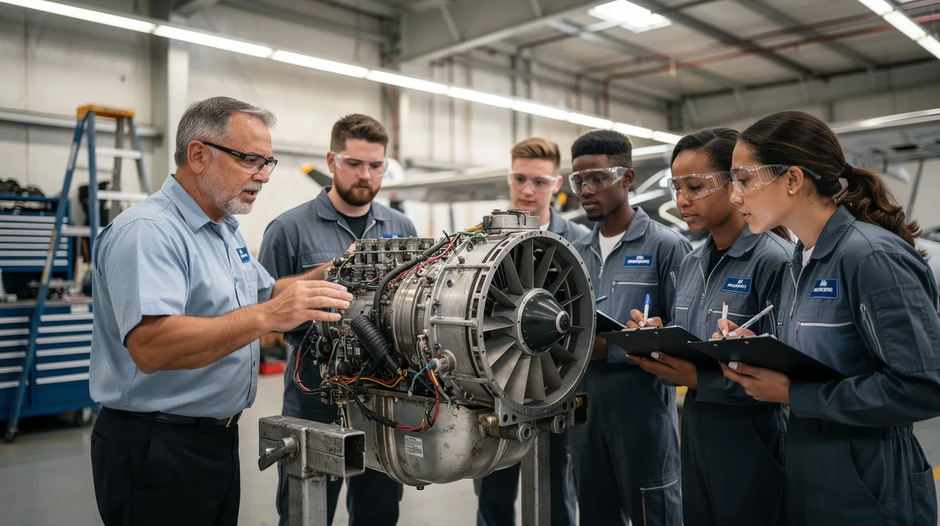 A group of high school students and an instructor are closely examining an aircraft engine inside a hangar, part of their aviation education program aimed at supporting the next generation of aviation workforce development. The scene highlights hands-on learning in the aviation industry, emphasizing the importance of training for future pilots and maintenance technicians.