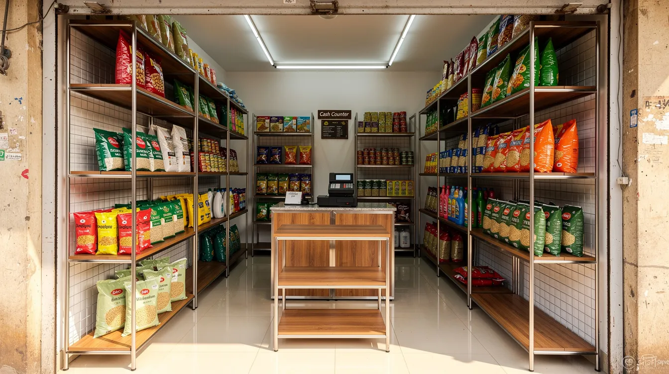 0b34e911 f359 4321 8e44 ff09a300dcd5 The image shows a small Indian retail shop featuring newly installed shelves and display racks, which could enhance the shopping experience for customers. This setup may benefit entrepreneurs looking to utilize mudra loans for their micro enterprises, thus contributing to employment creation and supporting the local economy.