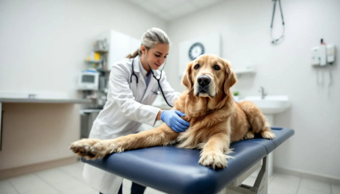 A veterinarian is examining a dog to assess its digestive health, focusing on its diet and potential digestive issues. The vet may discuss the nutritional benefits of including foods like cooked lentils in a dog