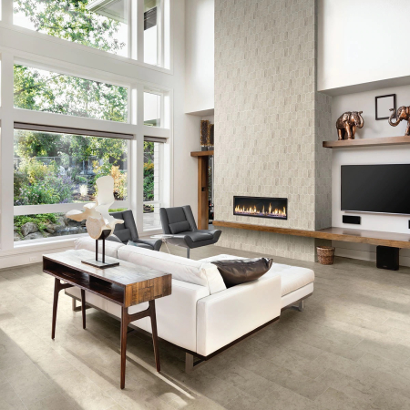 Fireplace with rustic-chic tiles in modern living room