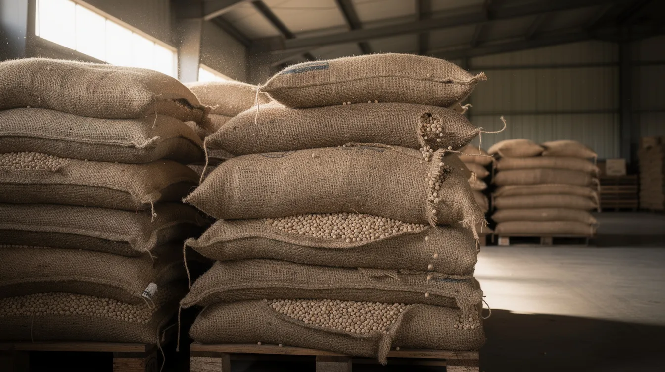 0b376ccd 1fb1 4cea ab6d d96a47df344a The image depicts stacked jute bags filled with dried chickpeas in a well-lit warehouse, emphasizing the importance of raw material storage for the food processing industry. This setting is crucial for a besan plant project report, highlighting the significance of raw materials like chickpea flour in producing consistent quality besan.