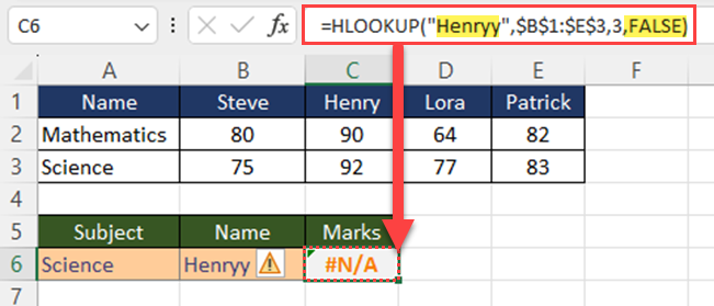 HLOOKUP with exact match - error value