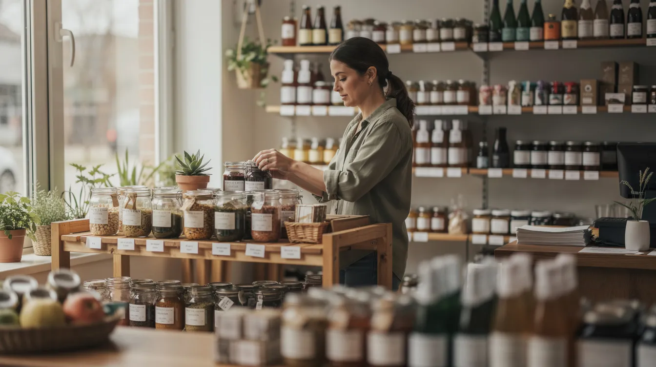 A small business owner is diligently arranging products on shelves inside a well-organized shop, reflecting the careful planning and operations essential for business success. This scene highlights the importance of a clear business plan and effective business financing strategies, such as applying for a Mudra loan to support small enterprises.