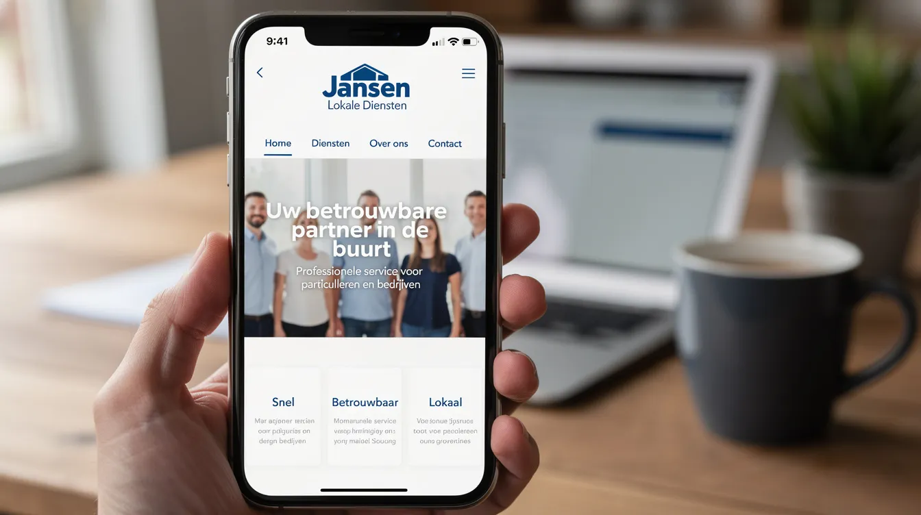 Een smartphone toont een professionele website van een lokaal bedrijf, met duidelijke navigatie en informatie over hun diensten. Bezoekers kunnen eenvoudig hun domeinnaam registreren en meer leren over het maken van een zakelijke website.