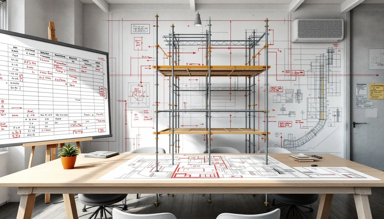 A scaffold design and planning session with blueprints and materials.