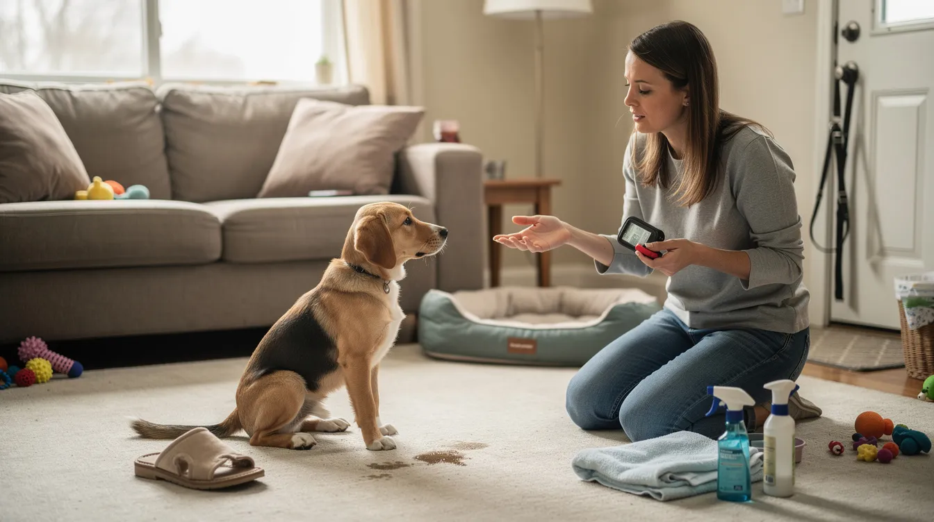 The image depicts a puppy sitting on a training mat, looking slightly confused and anxious, symbolizing the challenges of potty training regression. Surrounding the puppy are various training tools, such as treats and a leash, illustrating the need for consistent training and positive reinforcement during this temporary setback.
