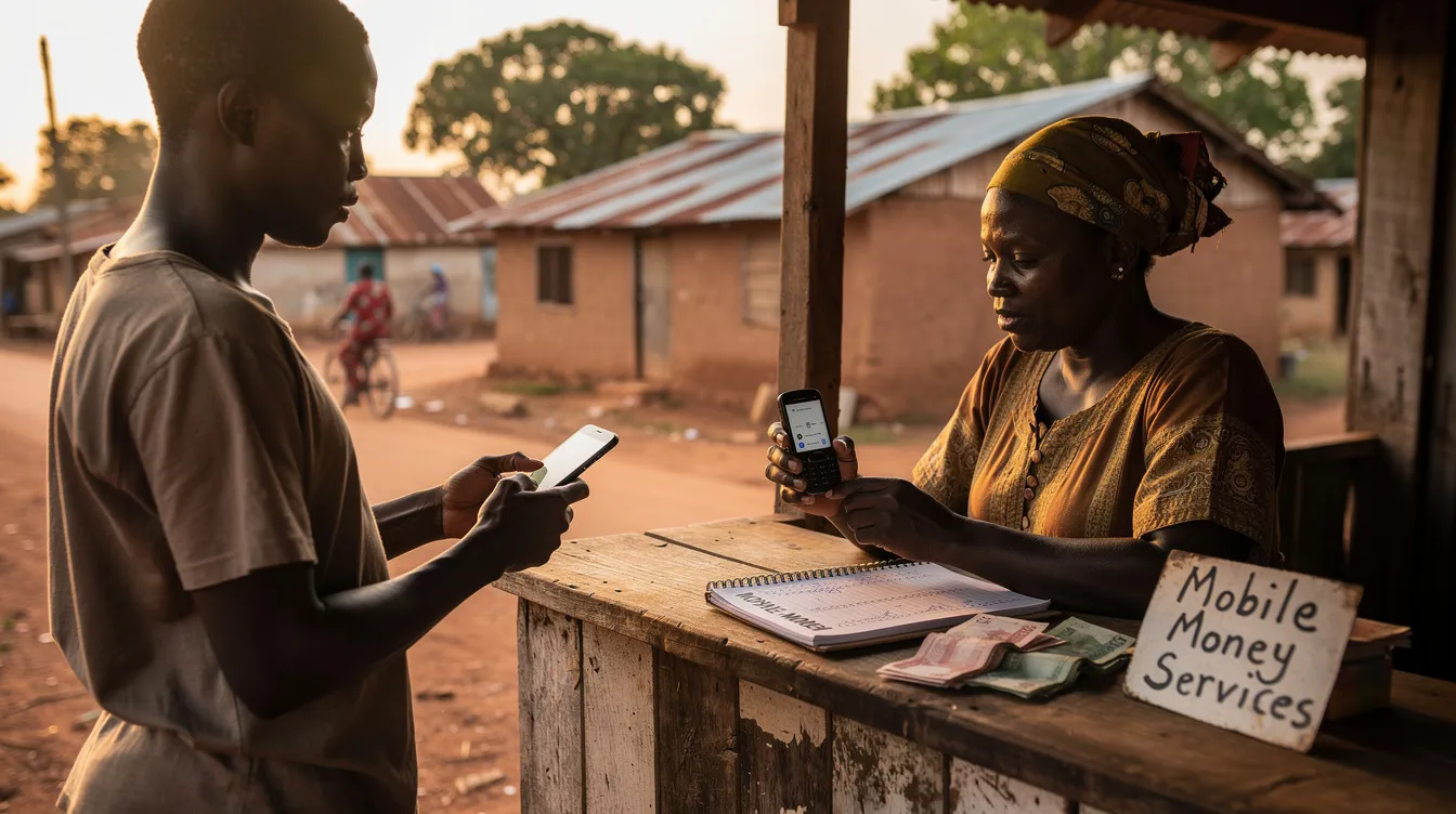 A person is engaging in a mobile money transaction with a rural agent at a small counter in a village, illustrating the accessibility of mobile financial services in Ethiopia's mobile money market. This scene highlights the growing importance of agent networks in providing digital financial services and promoting financial inclusion in rural areas.