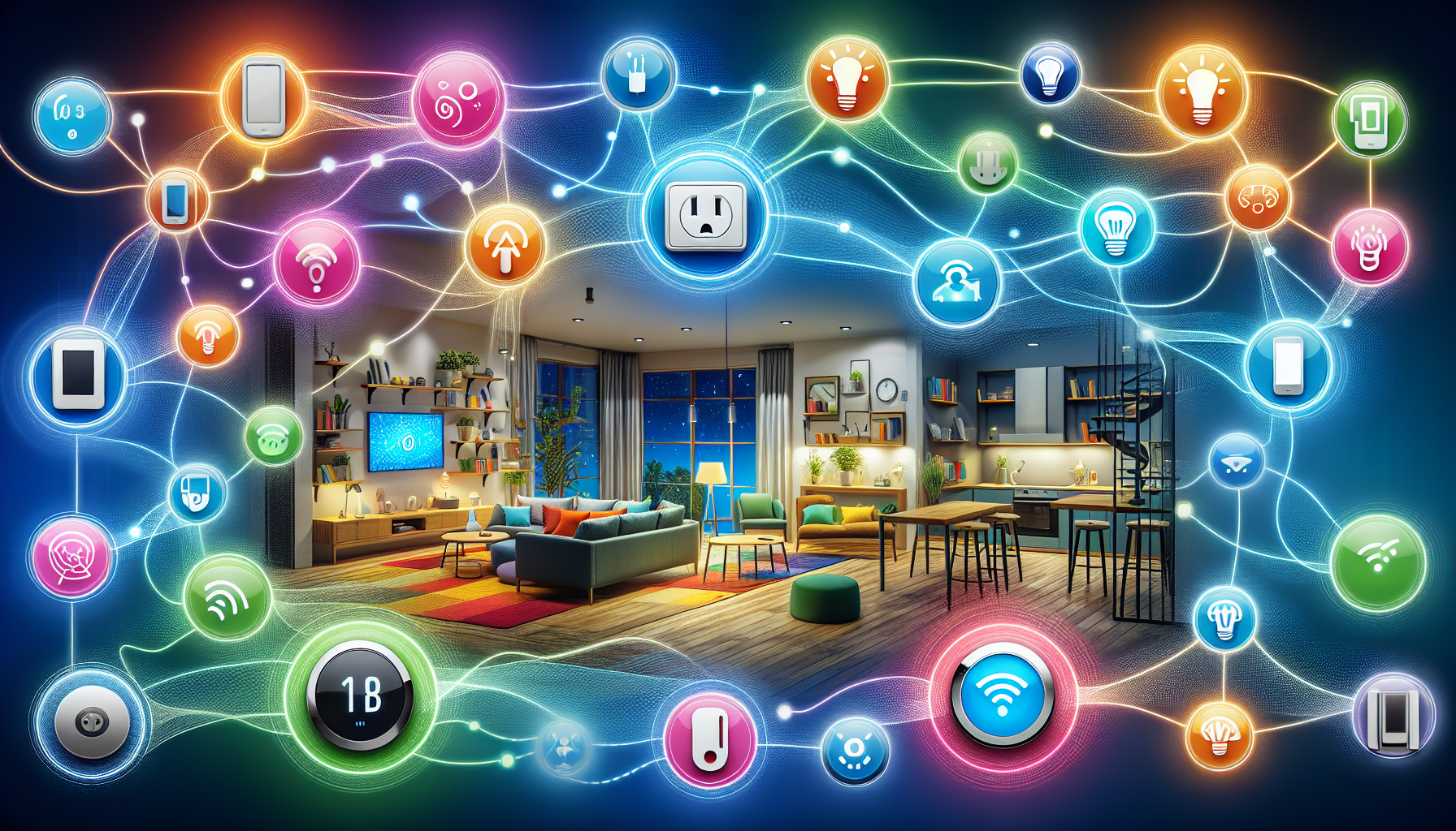 An Illustration Depicting Various Smart Home Devices And Protocols In A Connected Home Environment, Showcasing Smart Home Automation Protocols Explained Compared.