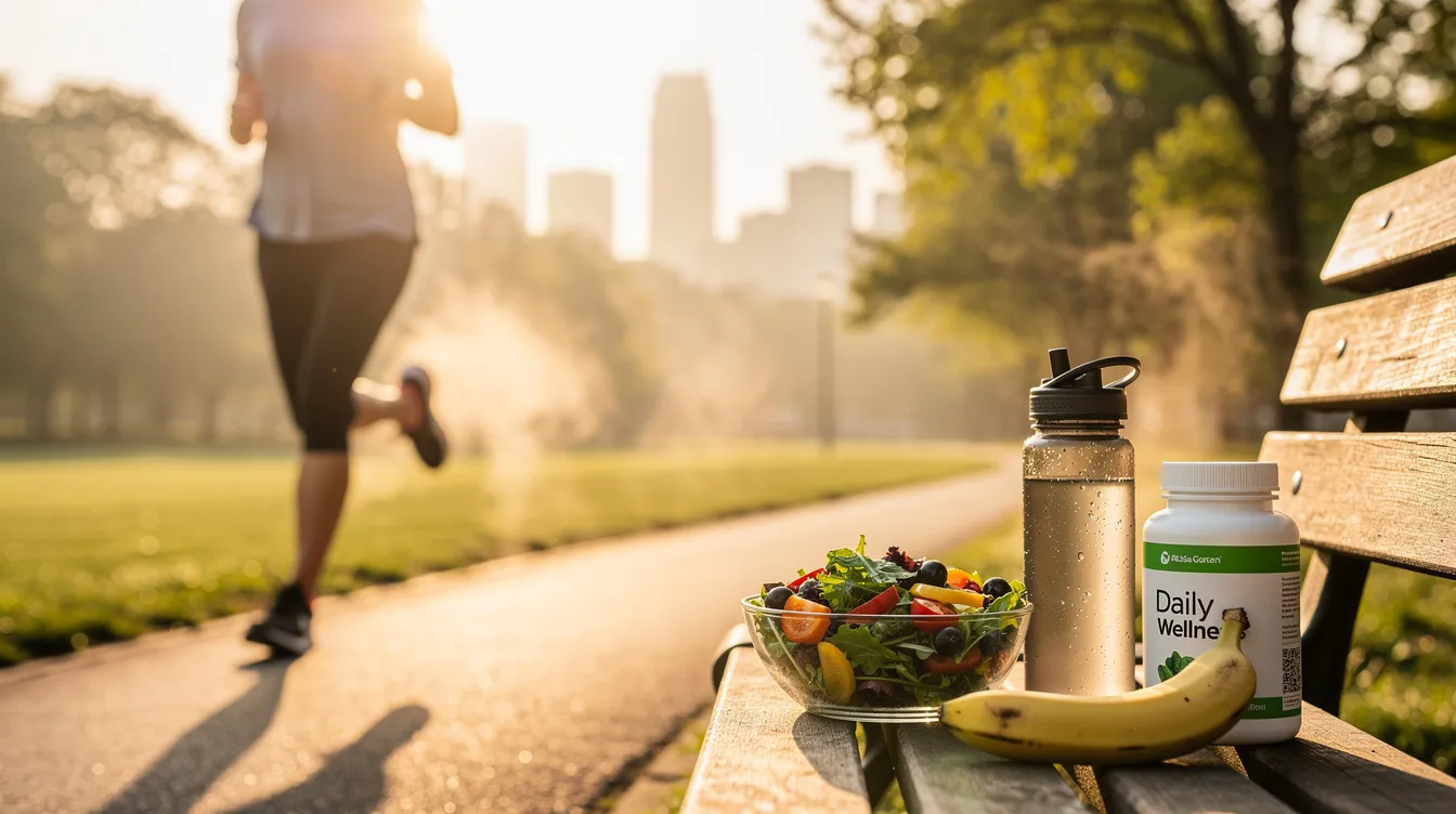 A person is exercising outdoors in the morning light, surrounded by a vibrant natural setting, with a bottle of NAD supplements and healthy food items like fruits and nuts visible nearby. This scene emphasizes the importance of supporting healthy aging and overall wellness through physical activity and proper nutrition.