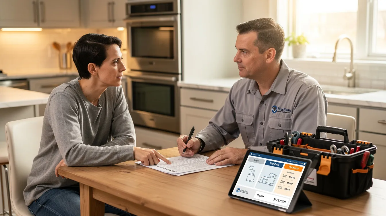 A homeowner is seated at a kitchen table discussing HVAC options with a professional technician, exploring energy-efficient solutions such as Lennox air conditioners and advanced technologies for their heating and cooling system. The conversation likely includes considerations about efficiency ratings, maintenance, and the benefits of choosing a Lennox dealer for installation and support.