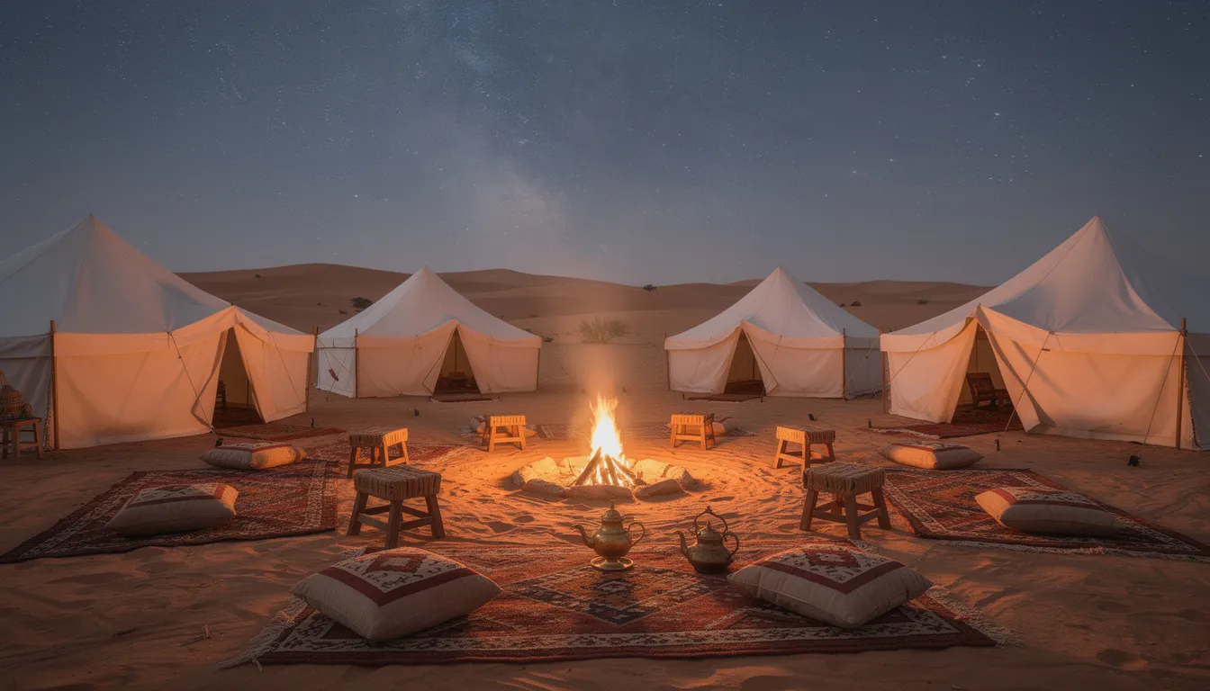 A traditional Berber desert camp features white tents and a cozy fire pit, all set against a breathtaking starry night sky in the Sahara Desert. This serene scene captures the essence of Moroccan culture, offering travelers a memorable experience under the vast North African sky.