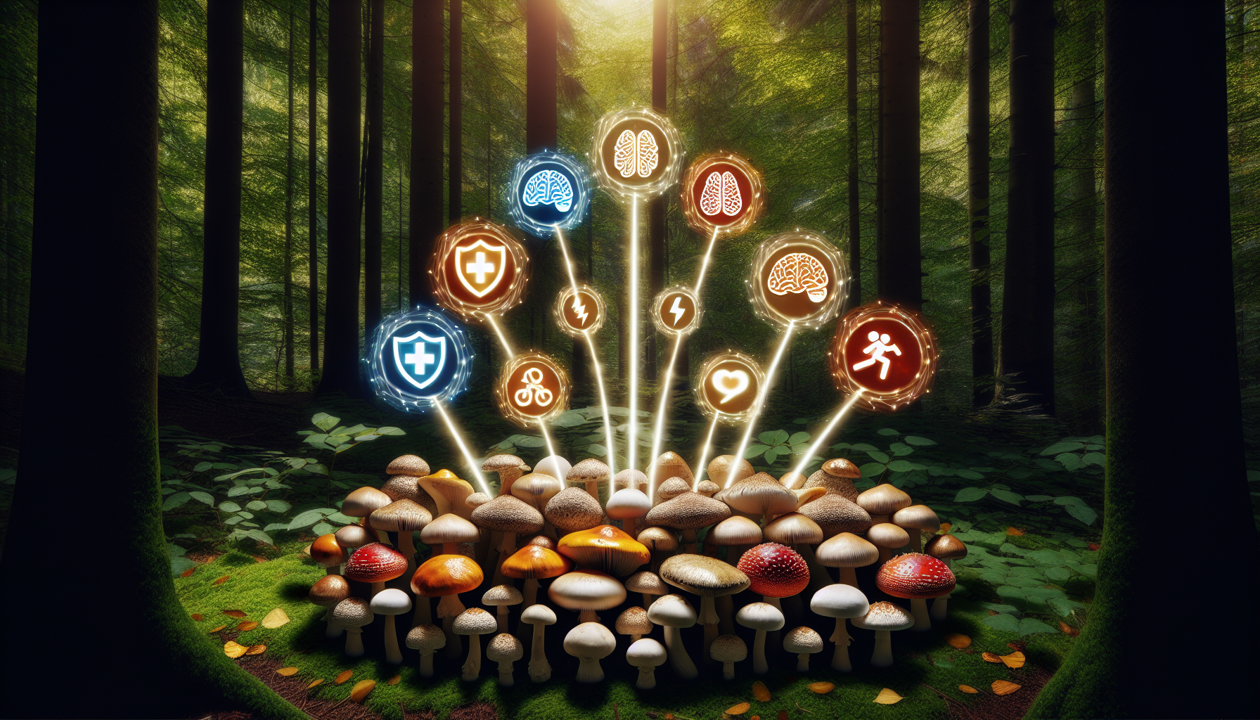 Functional mushrooms with health-related icons
