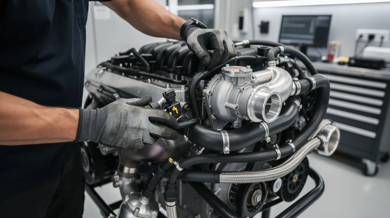 A mechanic is seen skillfully routing black hoses around a compact turbocharged engine in an engine bay, focusing on the intake manifold and coolant lines to optimize the vehicle's performance. The setup includes various fittings, such as hose barb straight and angled connections, essential for the air oil separator system to effectively manage oil vapor and prevent condensation.