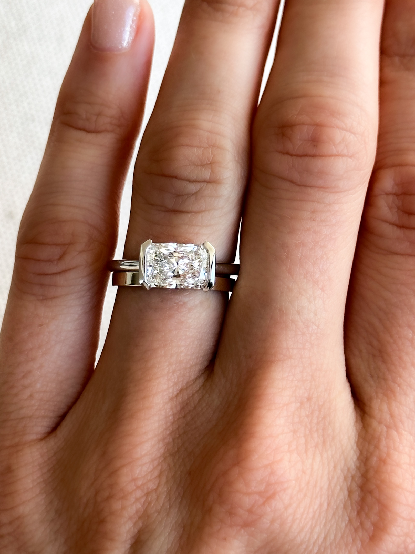 GOOSTONE East West Half Bezel Solitaire Engagement Ring With Elongated Radiant Cut Diamond