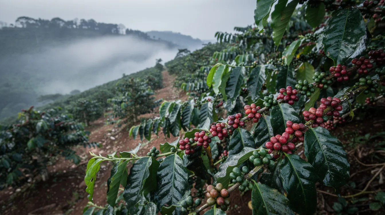 0b4bccba 79aa 46c2 bd44 7d726c1069ba The image depicts a lush green coffee plantation on a misty hillside, showcasing branches laden with vibrant coffee berries. This serene setting highlights the potential for profitable business opportunities in coffee processing, particularly in Karnataka, where the climate and natural resources support thriving coffee cultivation.