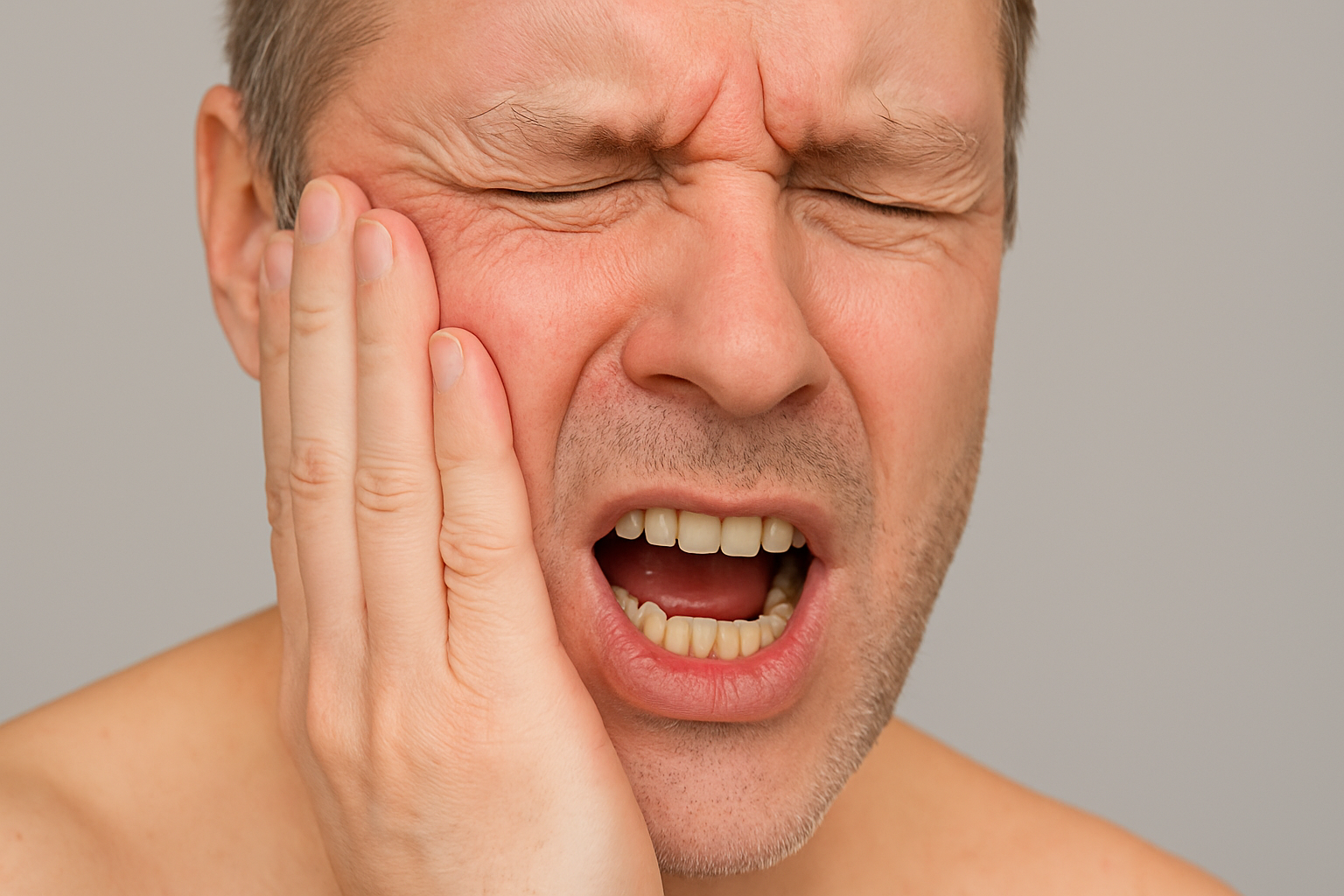 Mann med smertefullt ansiktsuttrykk holder kinnet med hånden, mulig ansiktssmerte eller tannverk påvist ved grimaser.