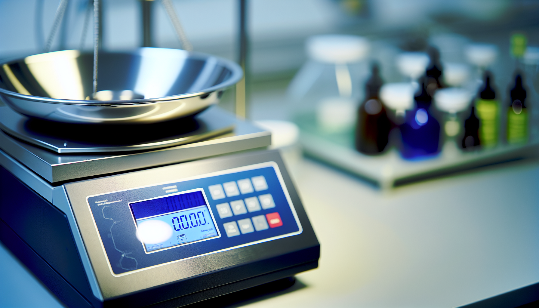 Analytical balance with backlit LCD and stainless steel pan