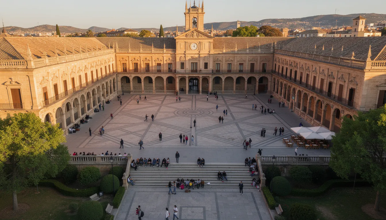 Vue aérienne d'un grand bâtiment historique d'une université espagnole, où des étudiants se rassemblent dans une plaza animée. Cette scène illustre la vie universitaire dynamique en Espagne, un choix populaire pour les études supérieures.