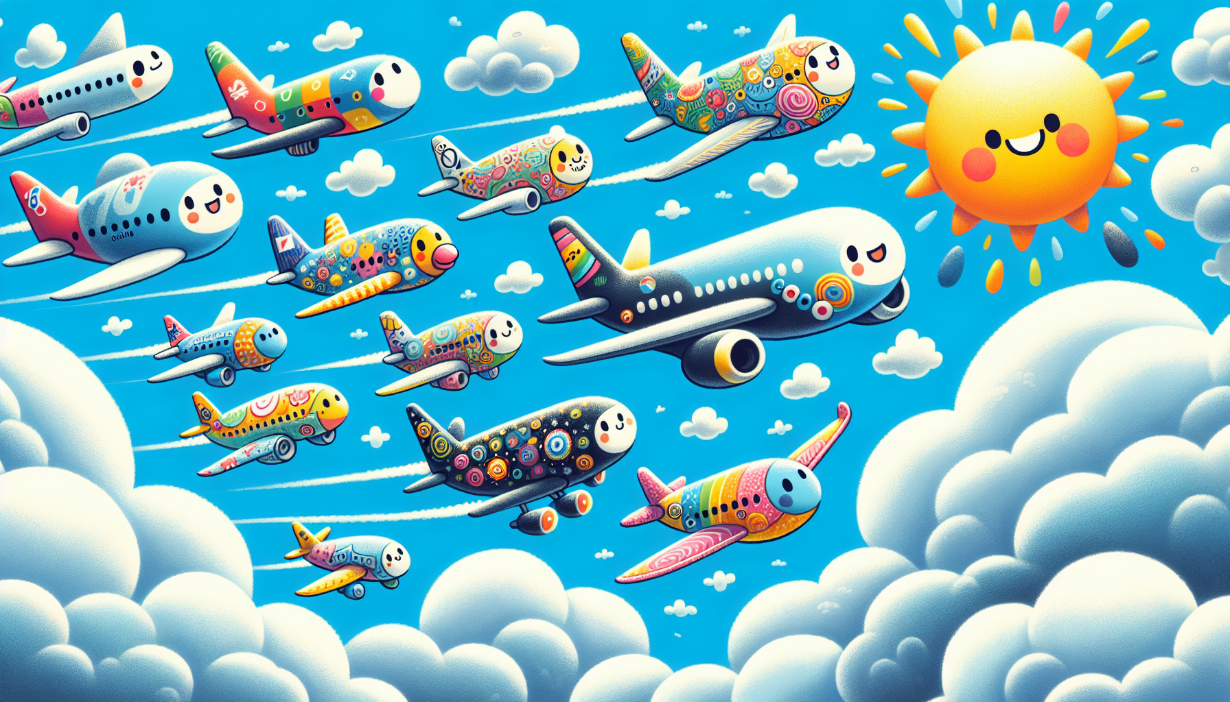 A cartoon representation of various airlines that offer nonstop flights from Los Angeles to Seoul.