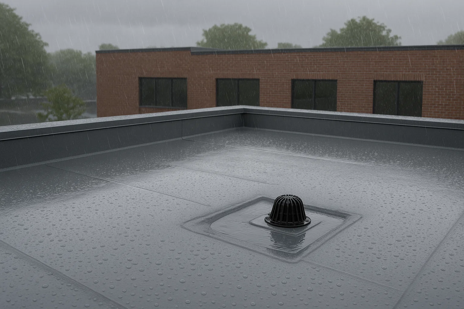Water-resistant flat roof showing durable waterproofing and drainage during rainfall.