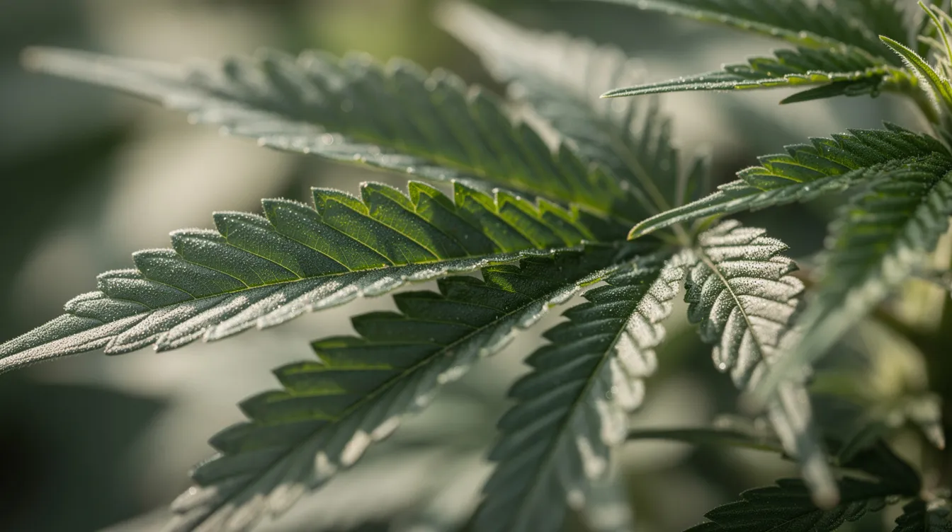 A close-up view of vibrant cannabis leaves illuminated by soft natural light, showcasing the intricate details and textures of the plant. This image highlights the naturally occurring cannabinoids found in cannabis sativa, which are known for their potential benefits and psychoactive effects.