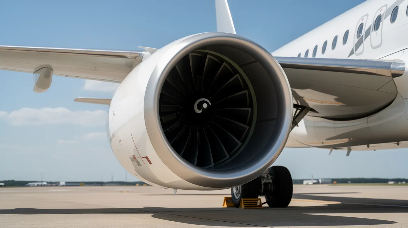 A close-up view of a large turbofan jet engine, mounted under the wing of a narrow-body commercial aircraft, likely a Boeing 737, showcases its advanced technology designed for improved fuel efficiency. The bright sunlight highlights the engine's aerodynamic features, emphasizing its role in modern commercial aviation.