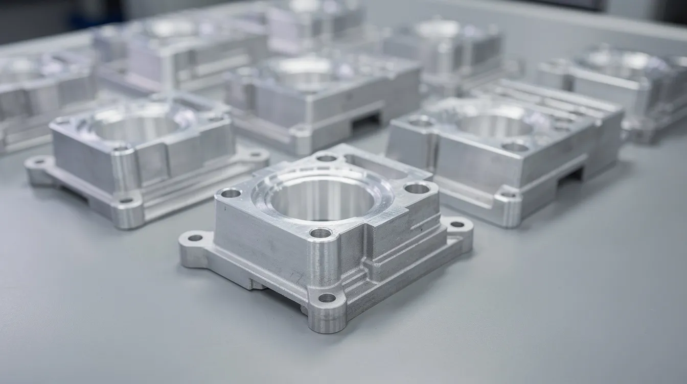 A close-up view of multiple precision aluminum die cast components is displayed on an inspection table, showcasing their machined surfaces and mounting holes. These high-quality die casting parts highlight the meticulous craftsmanship involved in the aluminum die casting industry and the advanced technology used in the die casting process.
