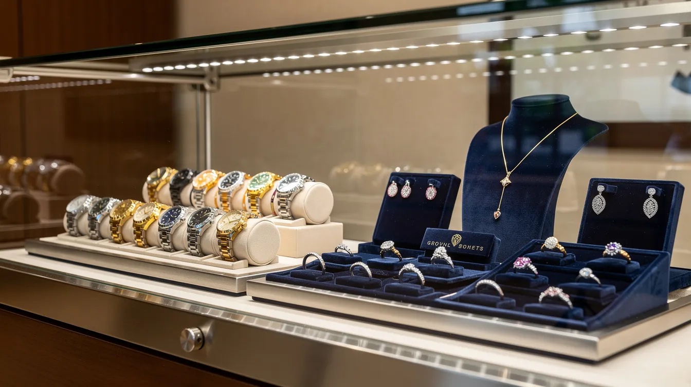 The image shows the interior of a well-lit jewelry and watch display case at a retail shop, featuring an array of sparkling items including necklaces, rings, and watches, inviting customers to explore and find exquisite pieces. This display is located in a pawn shop on W Lincoln Ave in Anaheim, CA, where patrons can also inquire about collateral loans and selling items for cash.
