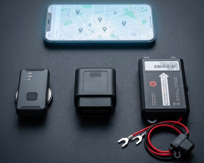 Different types of GPS trackers arranged together including a magnetic tracker, OBD plug-in device, and hardwired tracker