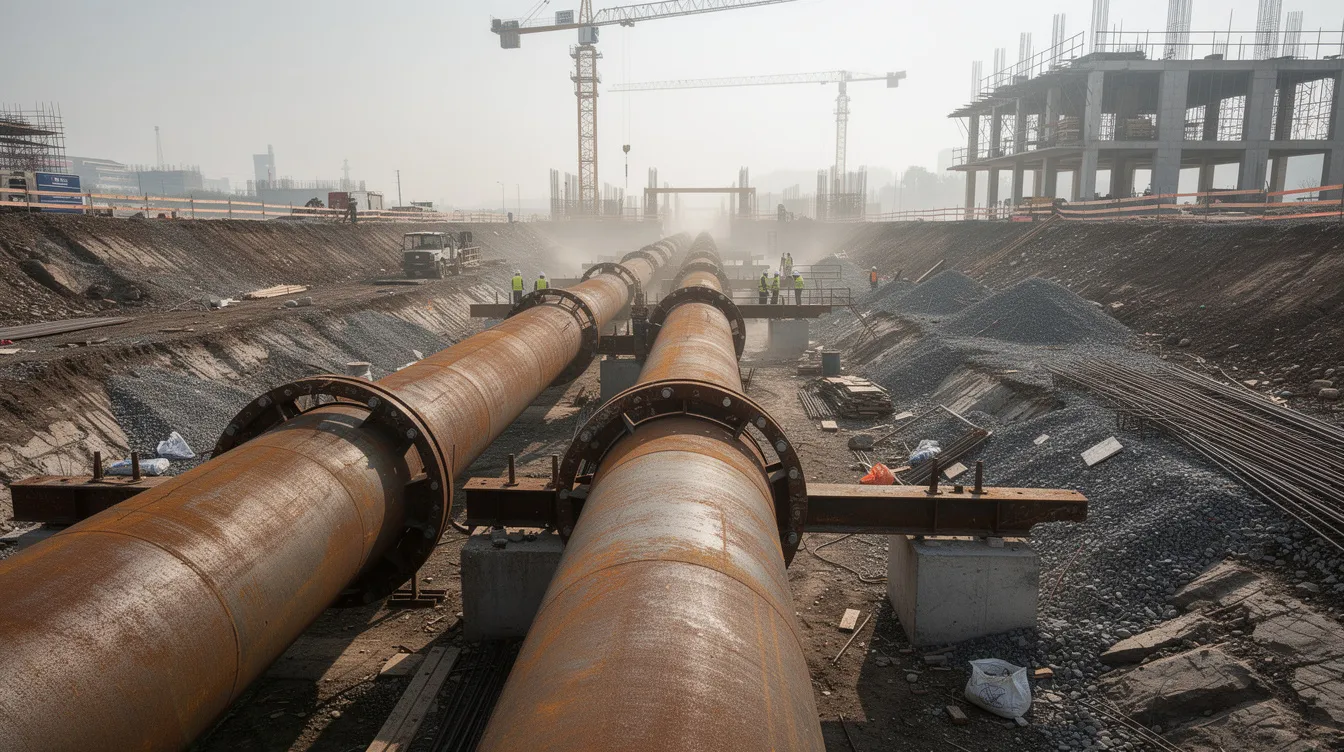 The image depicts an industrial water pipeline system featuring large-diameter iron pipes, which are likely made from ductile iron, running along a construction site. The robust structure showcases the mechanical properties and durability of iron alloys, essential for various industrial applications.