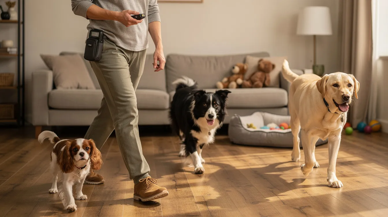 The image depicts a dog closely following its owner around the house, showcasing the strong bond and pack mentality that many dogs exhibit. This behavior is often seen in certain breeds known for their attachment to their primary caregivers, highlighting their role as constant companions.