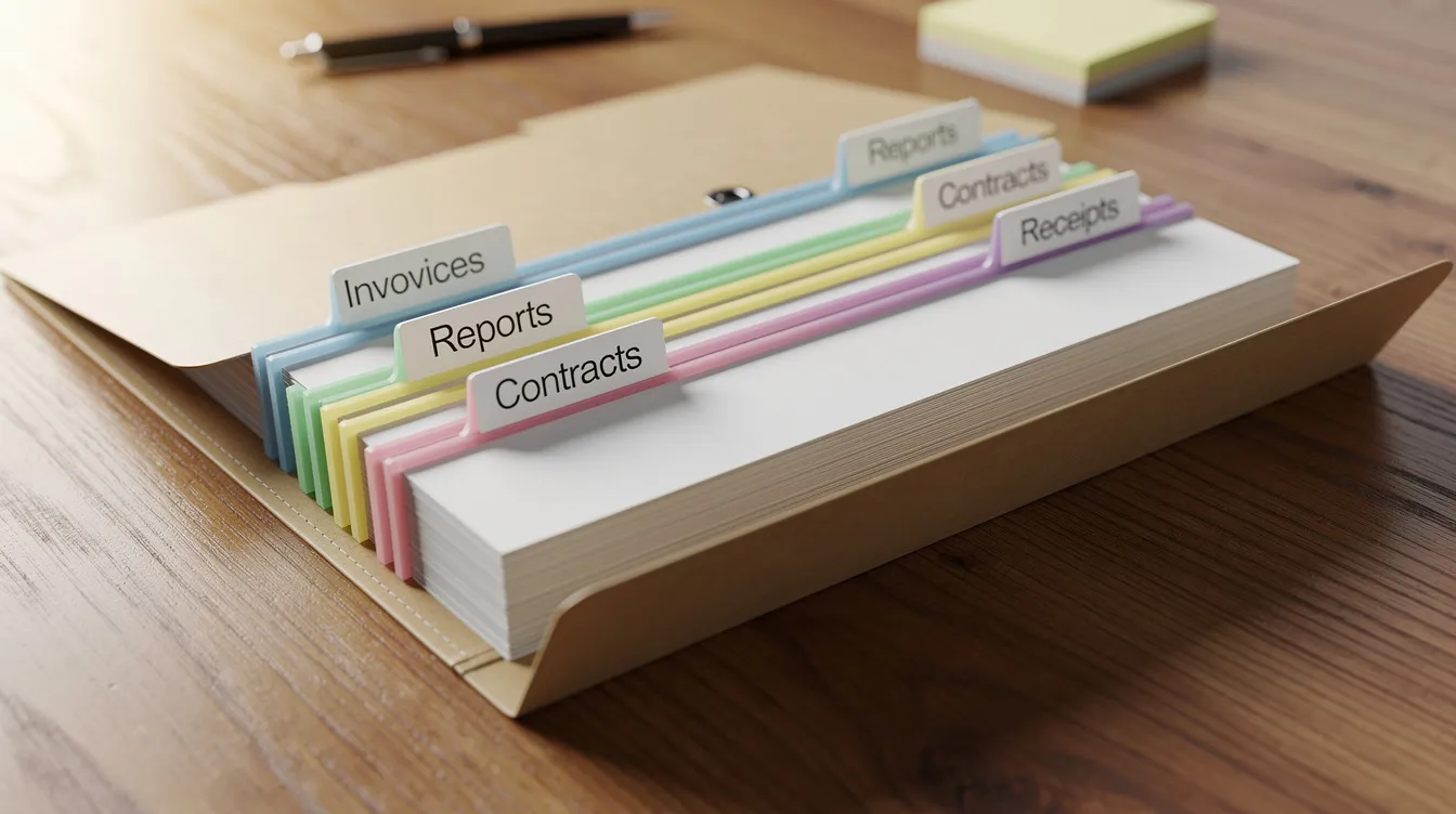 0b58e325 944f 44b2 89fe 946b63c968d8 The image depicts a neatly organized file folder on a wooden desk, featuring colored document dividers and labeled tabs, which could be used for organizing important financial documents such as bank statements and loan applications related to the Pradhan Mantri Mudra Yojana. This setup is ideal for individuals or small finance banks managing various documents for business loans or personal loans.