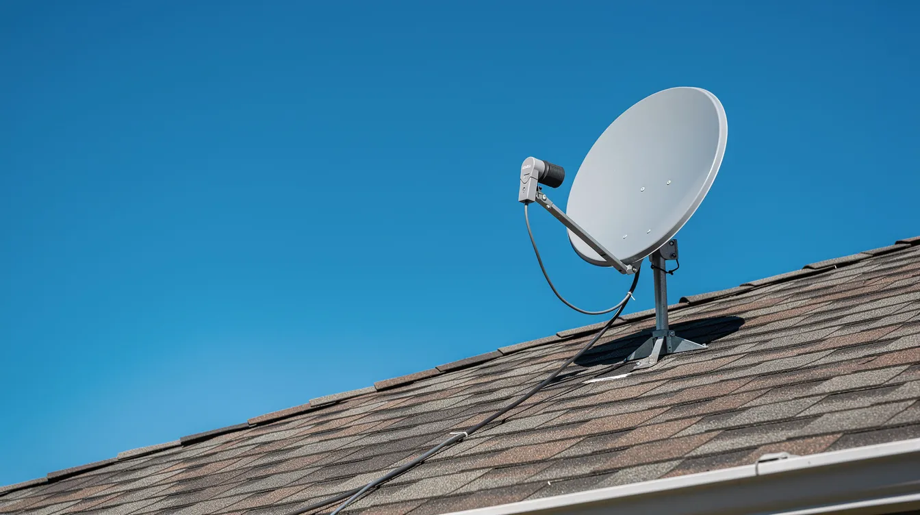 A satellite dish is prominently mounted on a residential rooftop against a clear blue sky, symbolizing the services offered by professional DSTV installers for optimal signal reception and home entertainment setup. This image highlights the importance of DSTV installation, showcasing the equipment essential for uninterrupted entertainment.