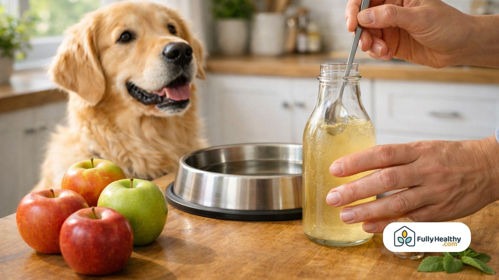 Pet owner mixing apple cider vinegar solution near dog water bowl