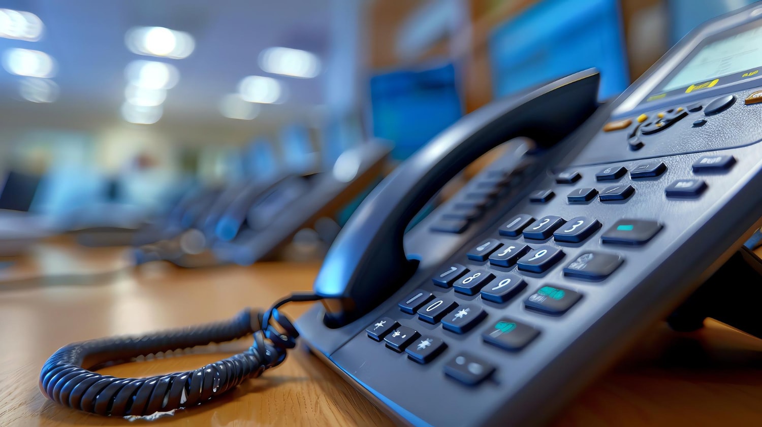 A close-up of a professional office phone with multiple buttons and a coiled cord on a desk, with a blurred office setting in the background. This image highlights Business phone solutions leveraging Hosted PBX Solutions for seamless connectivity.