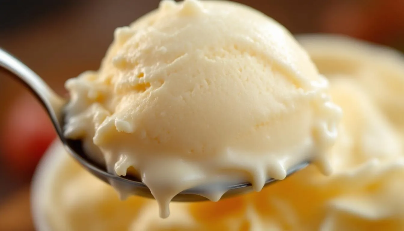 An extreme close-up macro shot captures a spoon scooping through perfectly creamy high protein ice cream, highlighting its smooth, rich texture with no ice crystals. The slight melting edges glisten in warm natural light, inviting a sweet tooth to indulge in this guilt-free treat.