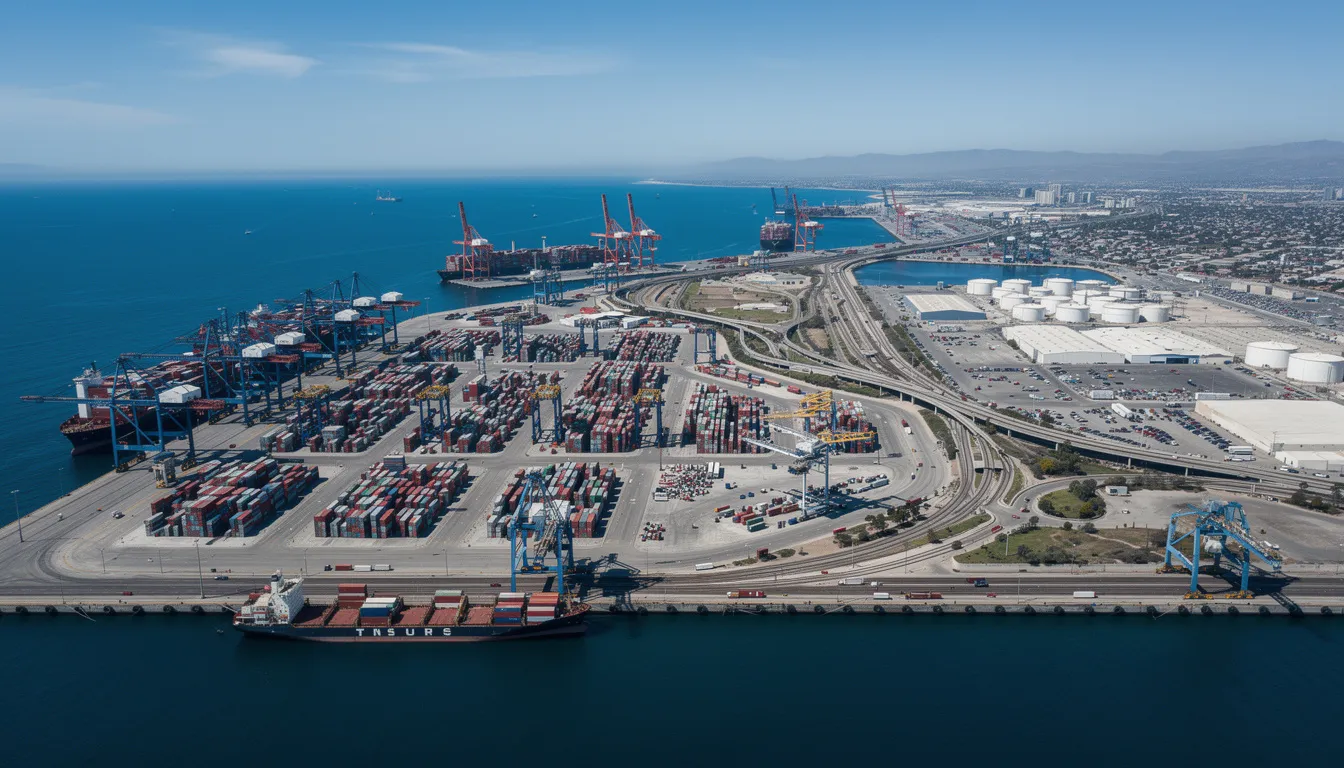 An aerial view of Long Beach harbor showcases an array of colorful shipping containers and port facilities, highlighting the bustling activity of maritime trade. This vibrant scene reflects the economic significance of the area, which is a hub for businesses and legal matters, including immigration law and family law issues in California.