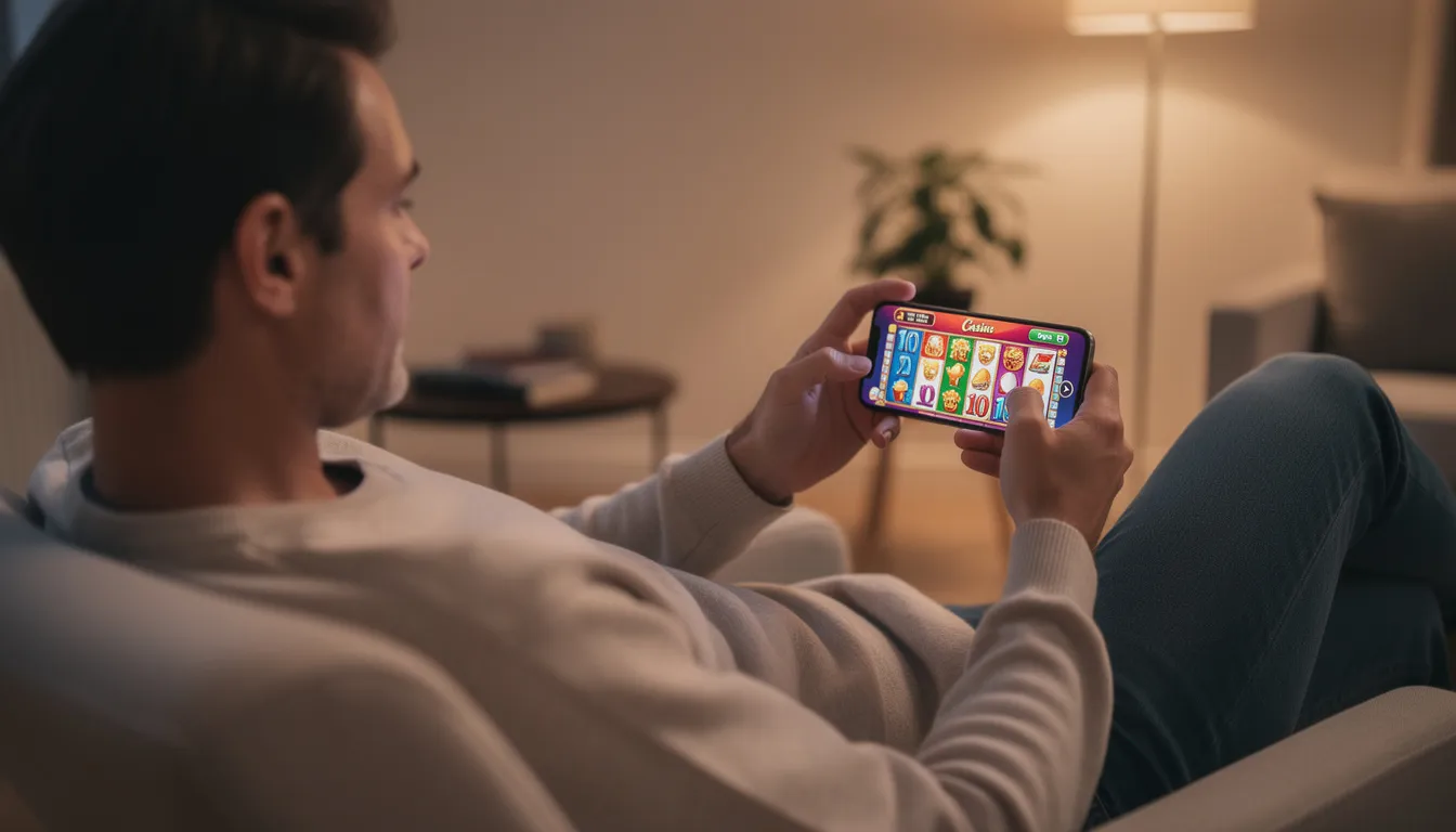En person sitter bekvämt i en soffa med en smartphone i handen och spelar mobilcasino. Skärmen visar olika spelalternativ från jubla casino, vilket ger en känsla av underhållning och spänning.