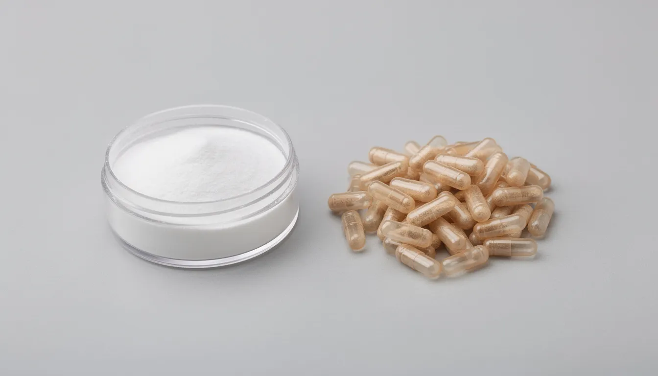The image features a side-by-side comparison of white NMN powder in a container and translucent NMN capsules on a neutral background, highlighting the different forms of NMN supplementation. This visual representation emphasizes the potential benefits of liposomal delivery for better absorption and support for healthy aging.