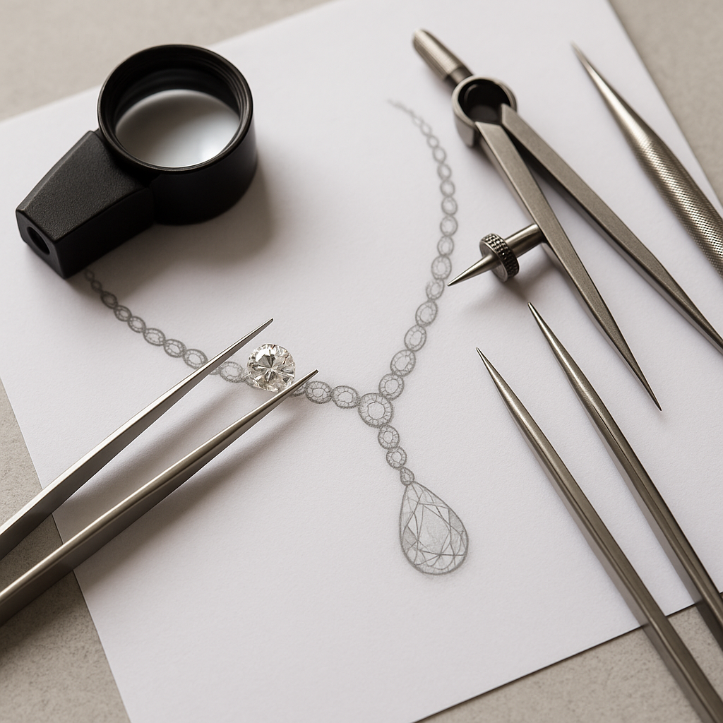 Juvelyro ranka nupieštas individualų papuošalo eskizą – unikali kūrinio vizija prieš gamybą