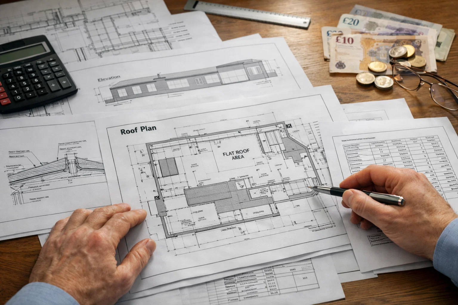 Reviewing commercial roofing quotes and technical drawings for a UK business property.