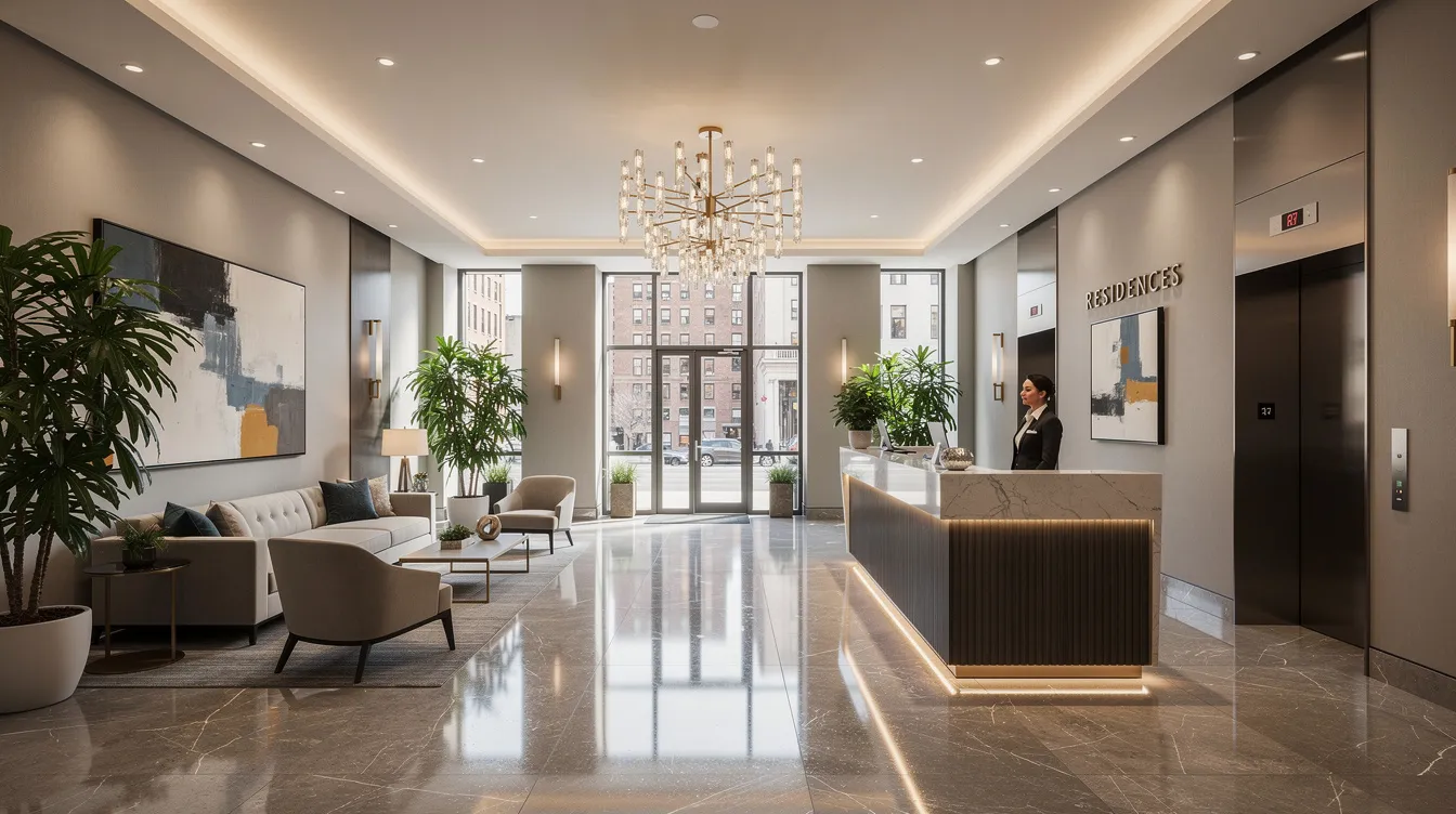 The image depicts a stylish New York apartment building lobby featuring a concierge desk and meticulously maintained common areas, showcasing the professionalism of a property management company. The polished environment reflects the high standards and exceptional service that property managers provide to enhance tenant relations and streamline building operations.