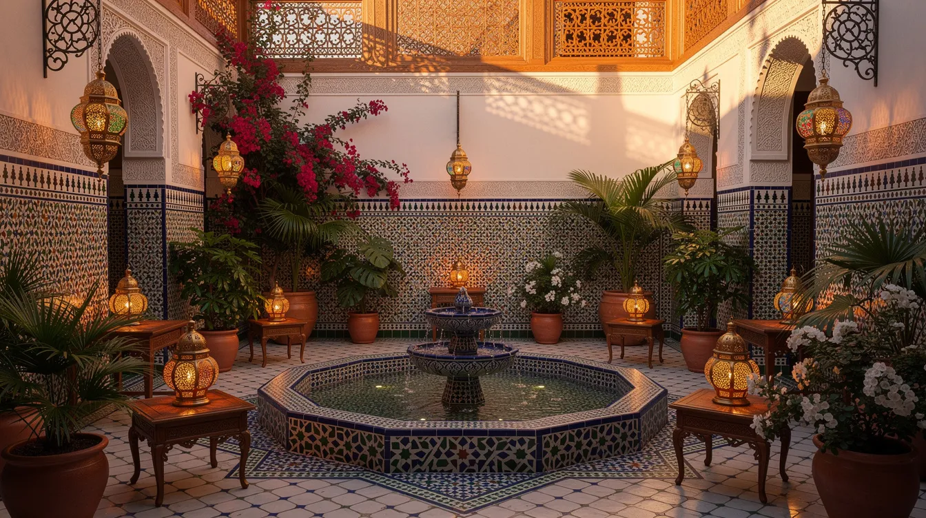 The image depicts a beautiful riad courtyard in Marrakech, featuring a tiled fountain surrounded by lush potted plants and traditional Moroccan lanterns, embodying the city's rich cultural heritage. This serene setting is a perfect representation of the enchanting gardens and architectural beauty that make Marrakech a major city in North Africa, attracting many tourists to experience its charm.