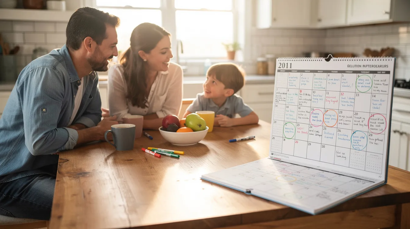 A family is gathered around a kitchen table, discussing their busy schedule while a family calendar is prominently displayed. This scene highlights essential time management tips for busy moms, as they plan daily tasks and meal planning together to make their lives easier.