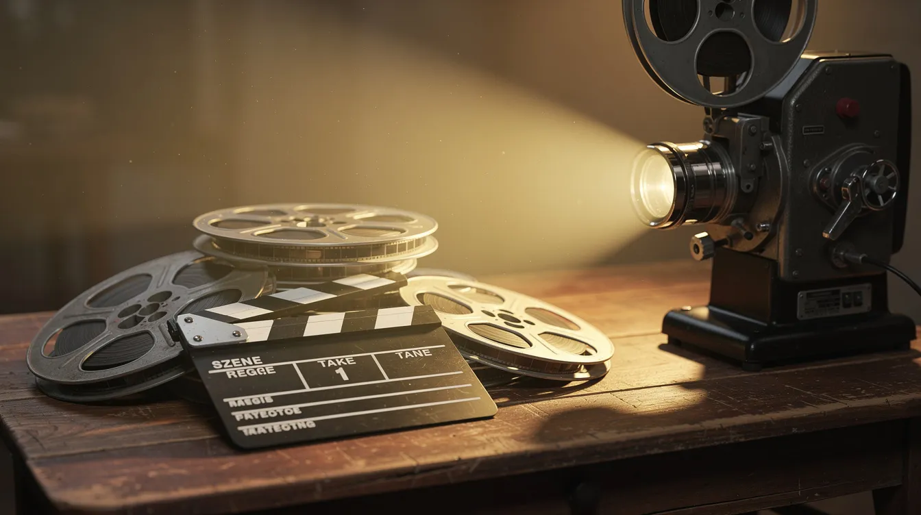 Auf einem hölzernen Tisch liegen alte Filmrollen und eine Klappe, während ein klassischer Filmprojektor warmes Licht ausstrahlt. Diese Szenerie spiegelt die Filmgeschichte wider und erinnert an die besten Filme aller Zeiten, die viele Menschen begeistert haben.