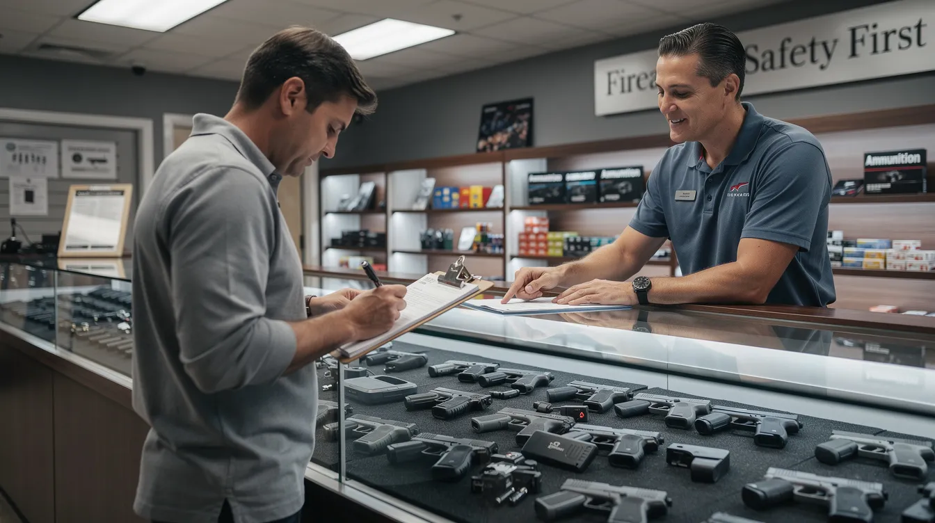 The image shows a person at a gun shop counter completing paperwork, with a clerk standing behind a display case filled with firearms. This scene reflects the process of obtaining a concealed handgun license in accordance with Oregon gun laws, emphasizing the importance of gun safety and legal compliance.