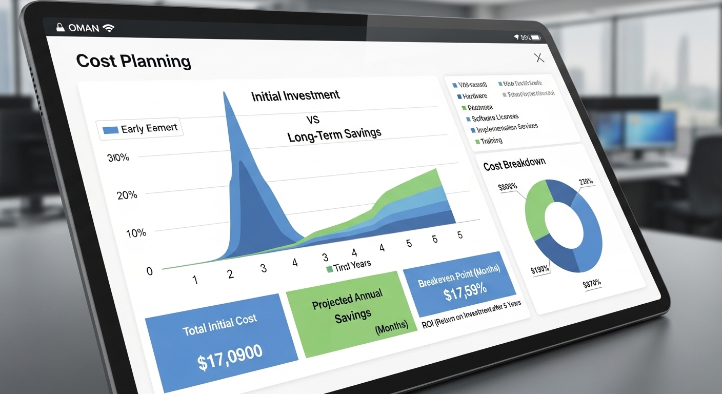 Cost planning dashboard showing initial investment vs long-term savings for VDI implementation in healthcare.